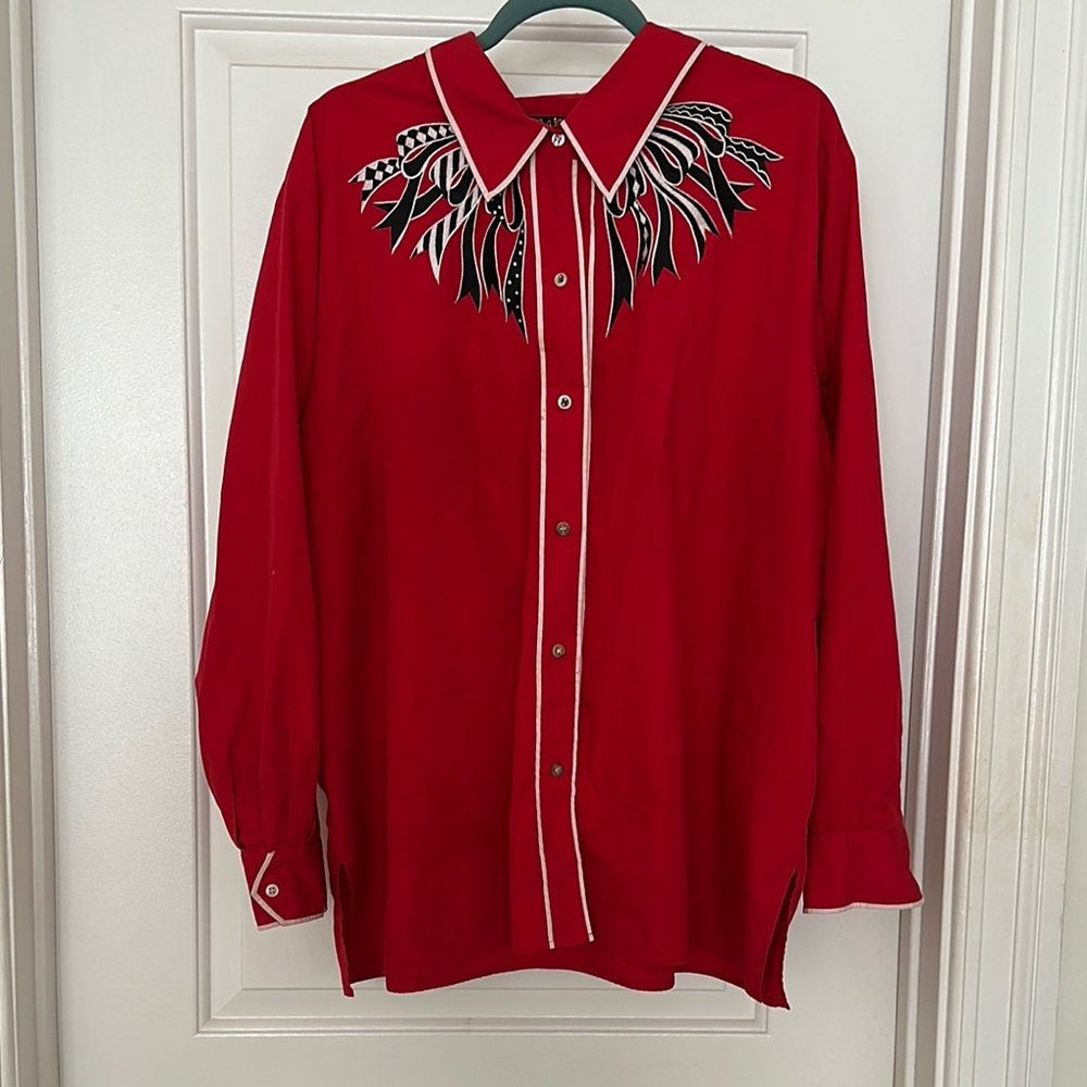 Bob Mackie Red Western Shirt with Embroidered Design-Cowboy Carter Inspo